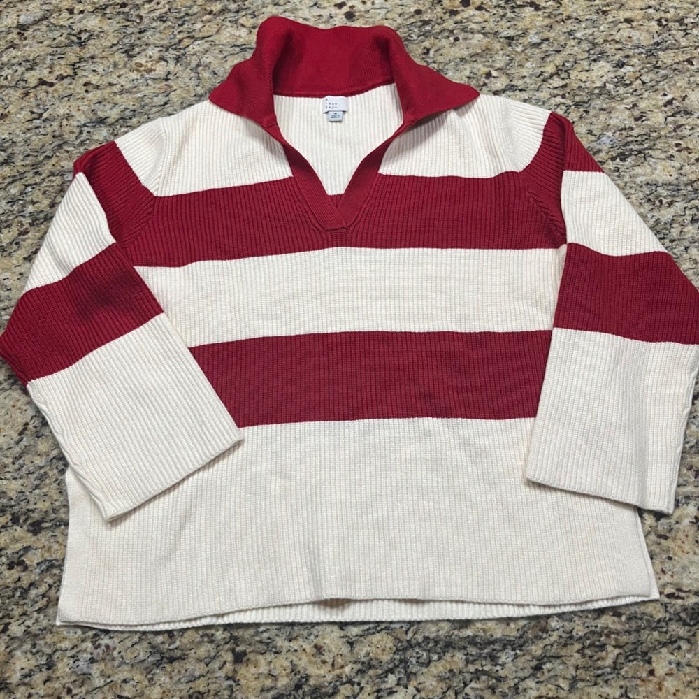 A New Day Womens Red Cream Striped Ribbed Pullover Sweater V-Neck Medium